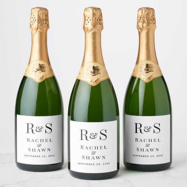Elegant White & Black Chic Modern Monogram Wedding Sparkling Wine Label (Bottles)