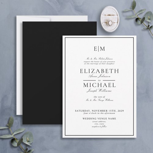 Elegant White Black Classic Monogram Wedding Invitation