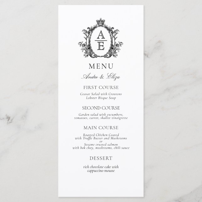 Elegant White Black Crest Monogram Wedding Menu (Front)