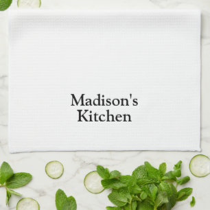 Elegant white black custom name text monogram kitchen towel