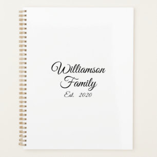 Elegant white black custom script family name date planner
