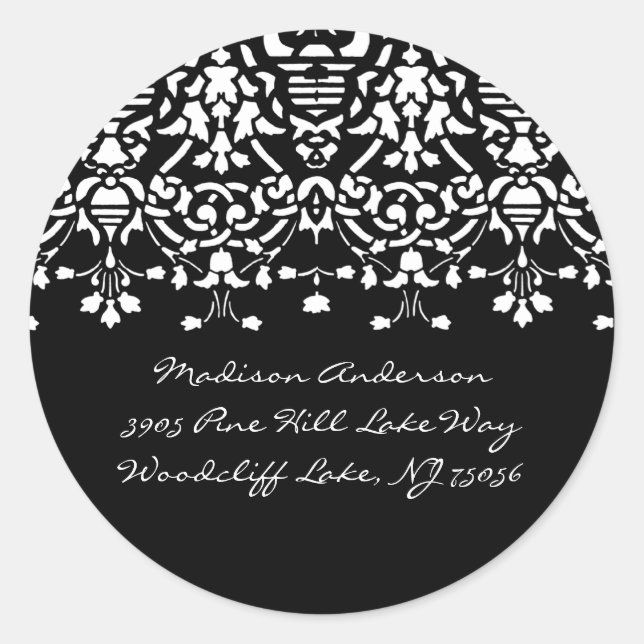 Elegant White & Black Damask Address Label Sticker (Front)