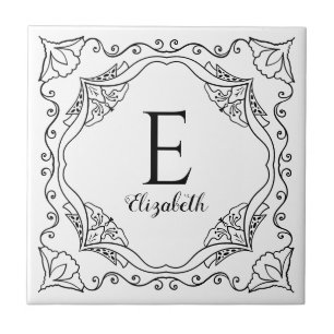 Elegant White Black Decorative Name Monogram Ceramic Tile