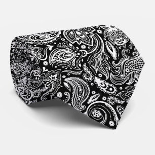 Elegant White & Black Floral Paisley Pattern Tie