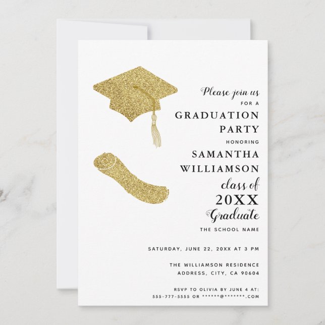 Elegant White Black Gold Grad Photo Graduation Invitation (Front)