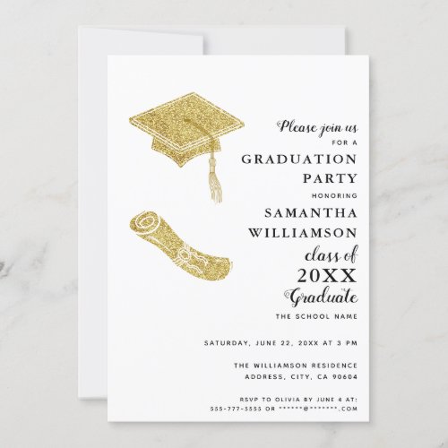 Elegant White Black Gold Grad Photo Graduation Invitation