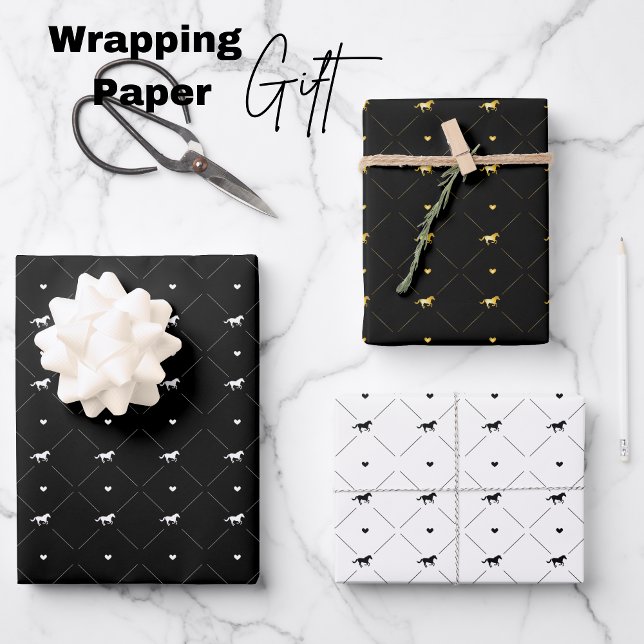 Elegant White Black Gold Horses Wrapping Paper Sheets (Elegant White Black Gold Horses Wrapping Paper Sheets)