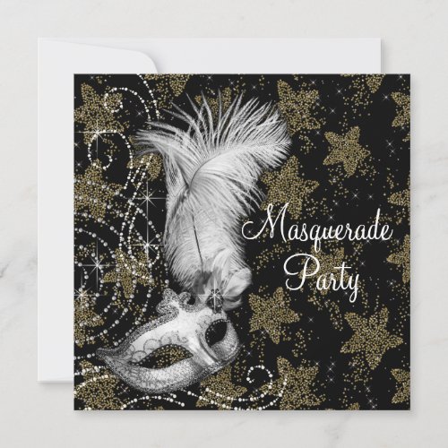 Elegant White Black Gold Masquerade Party Invitation
