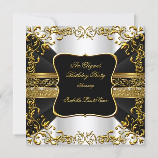 Elegant White Black Gold Ornate Birthday Party Invitation | Zazzle