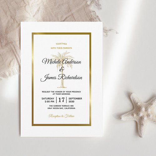 Elegant White Black Gold Palm Tree Modern Wedding Invitation