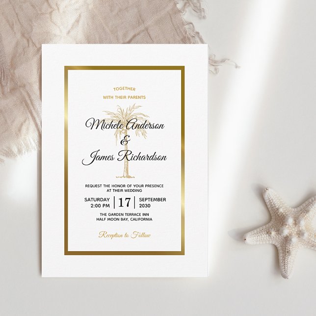 Elegant White Black Gold Palm Tree Modern Wedding Invitation (Creator Uploaded)