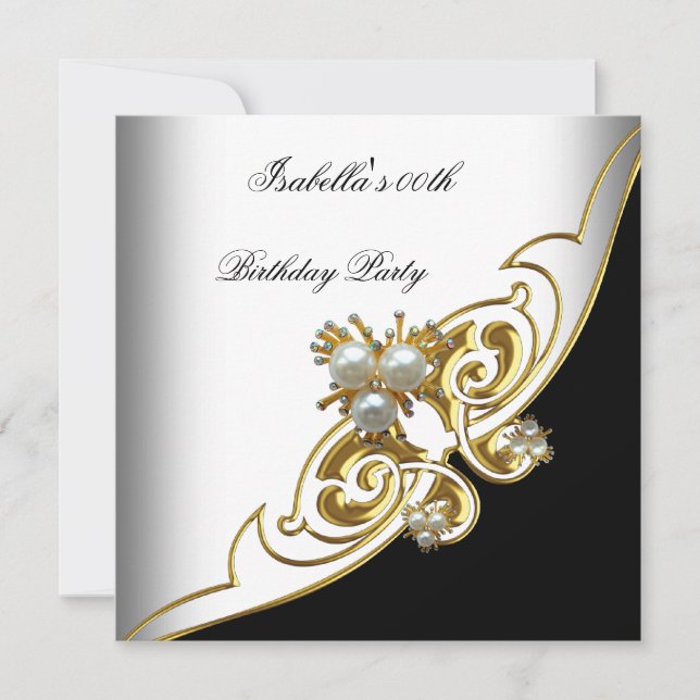 Elegant White Black Gold Pearl Birthday Invitation (Front)
