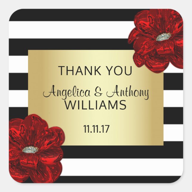 Elegant White,Black,Gold & Red Flower Wedding Square Sticker (Front)