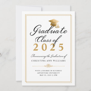 Elegant White Black Gold Script College Graduation Announcement