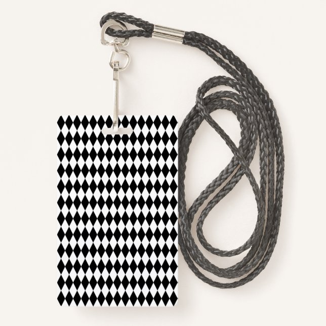 Elegant White Black Harlequin Geometric Rhombuses Badge (Front with Lanyard)