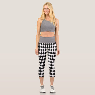 Elegant White Black Harlequin Geometric Rhombuses Capri Leggings