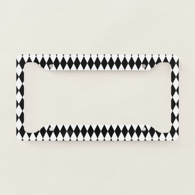 Elegant White Black Harlequin Geometric Rhombuses License Plate Frame (Front)