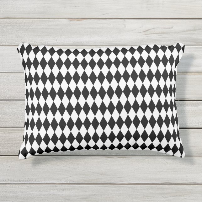 Elegant White Black Harlequin Geometric Rhombuses Outdoor Pillow (Front)
