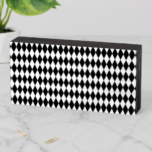 Elegant White Black Harlequin Geometric Rhombuses Wooden Box Sign