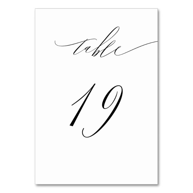 Elegant White Black Modern Script No 19 Wedding Table Number (Front)