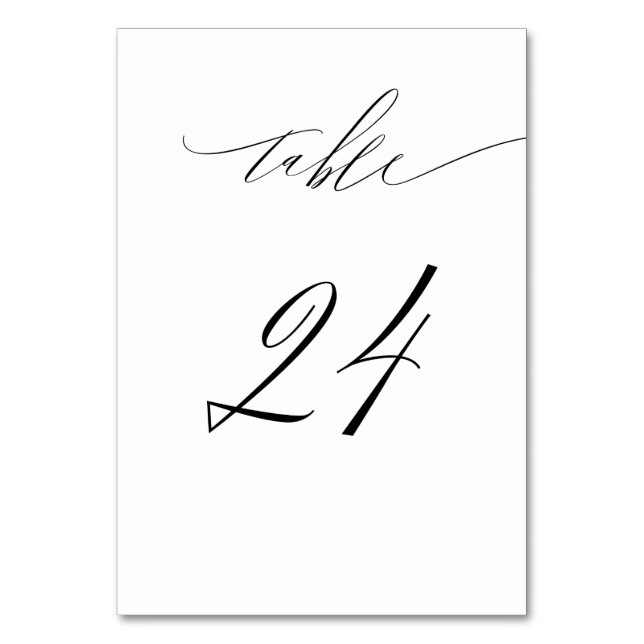 Elegant White Black Modern Script No 24 Wedding Table Number (Front)