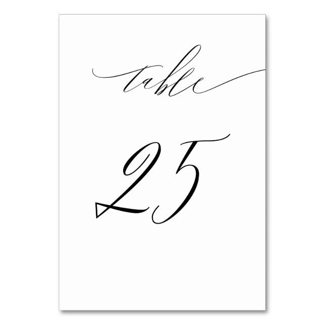 Elegant White Black Modern Script No 25 Wedding Table Number (Front)