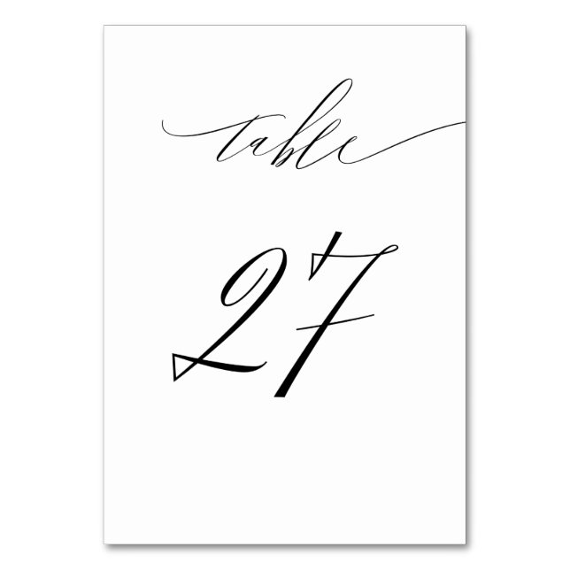 Elegant White Black Modern Script No 27 Wedding  Table Number (Front)
