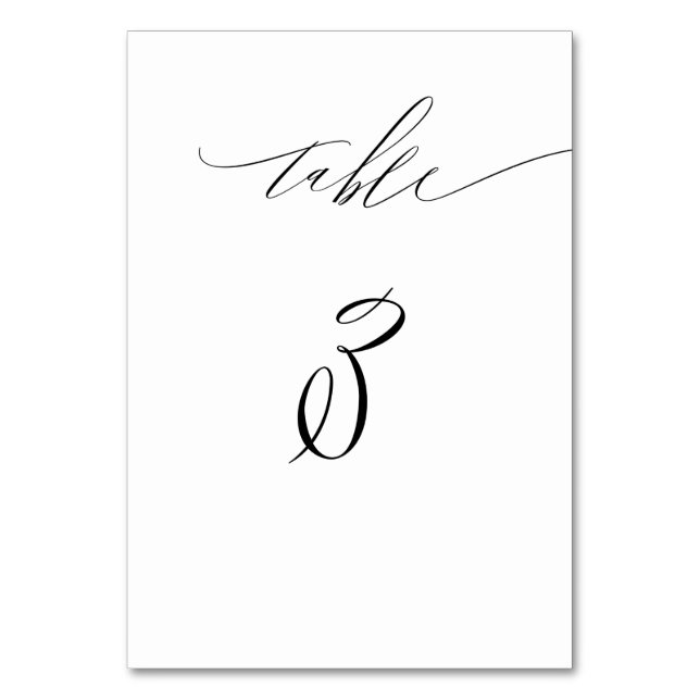 Elegant White Black Modern Script No 3 Wedding Table Number (Front)