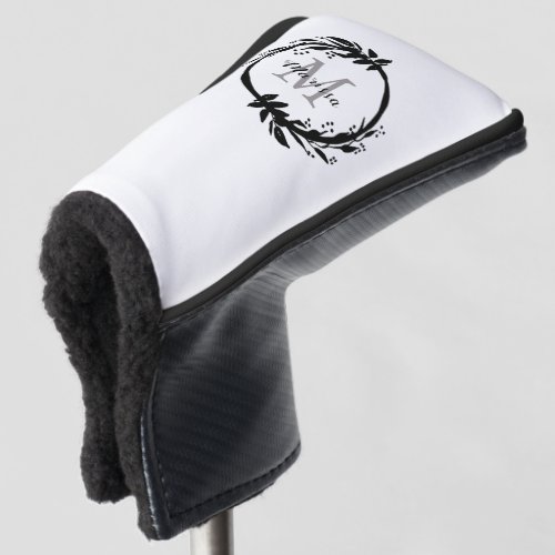 Elegant White  Black Monogram Name Wreath Golf Head Cover