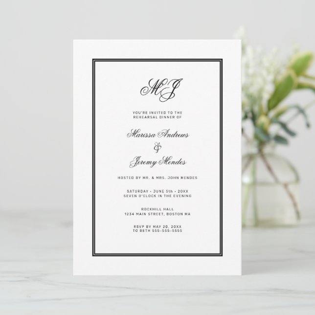 Elegant White Black Monogram Rehearsal Dinner Invitation (Standing Front)