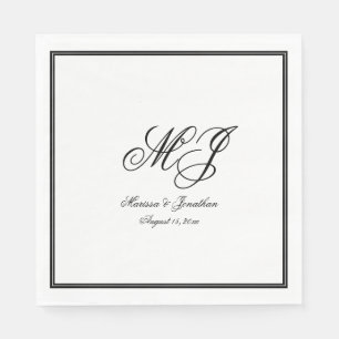Elegant White Black Monogram Script Wedding Napkins