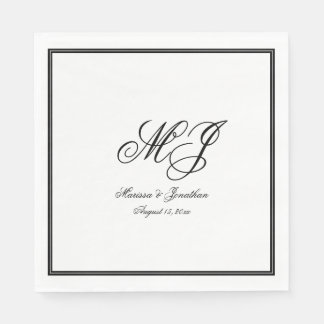 Elegant White Black Monogram Script Wedding Napkins