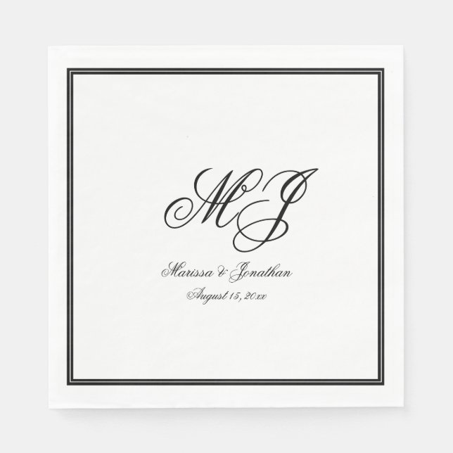 Elegant White Black Monogram Script Wedding Napkins (Front)