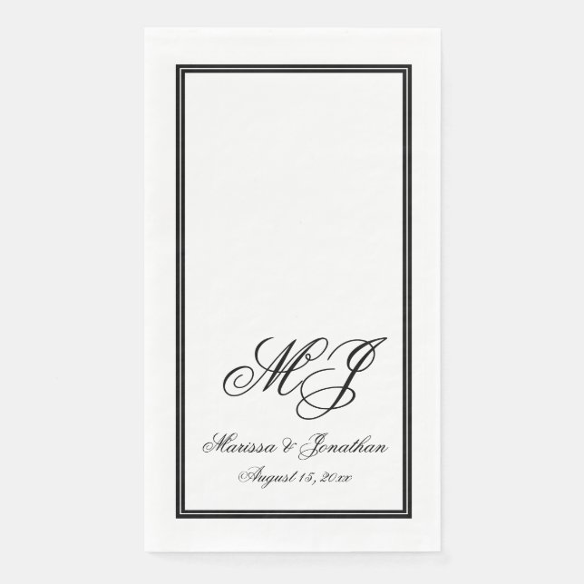 Elegant White Black Monogram Script Wedding Paper Guest Towels (Front)