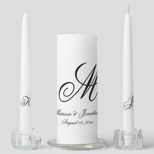 Elegant White Black Monogram Script Wedding Unity Candle Set