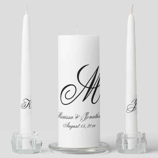 Elegant White Black Monogram Script Wedding Unity Candle Set (Front)