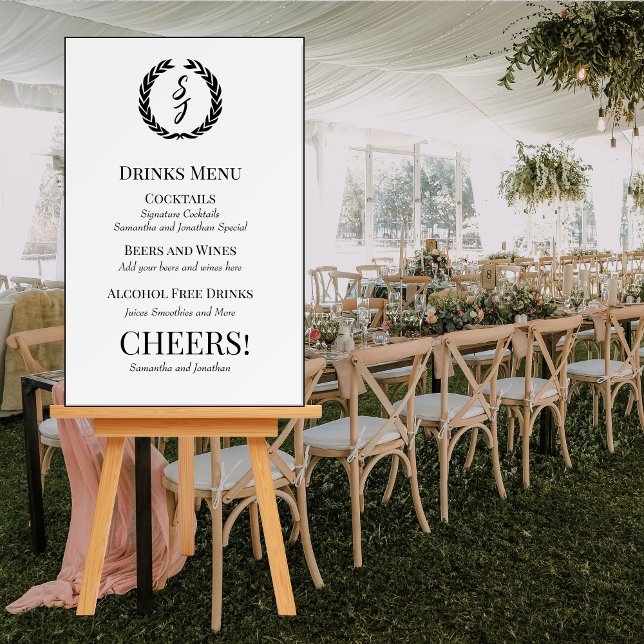 Elegant White Black Monogram Wreath Drinks Menu Foam Board (Creator Uploaded)