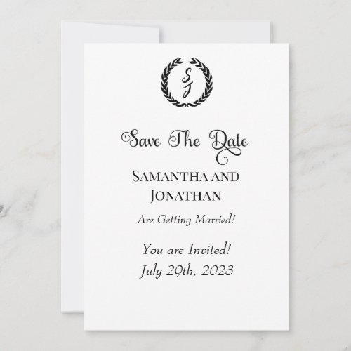 Elegant White Black Monogram Wreath Save the Date Invitation