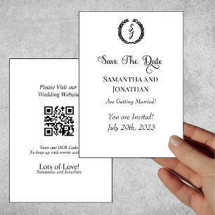 Elegant White Black Monogram Wreath Save the Date Invitation