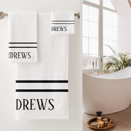 Elegant White Black Monogrammed Name Bath Towel Set