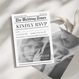 Elegant White Black Newspaper Wedding RSVP Enclosure Card