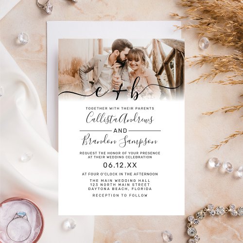 Elegant White Black Photo Monogram Wedding Invitation