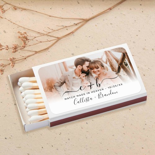 Elegant White Black Photo Monogram Wedding Matchboxes