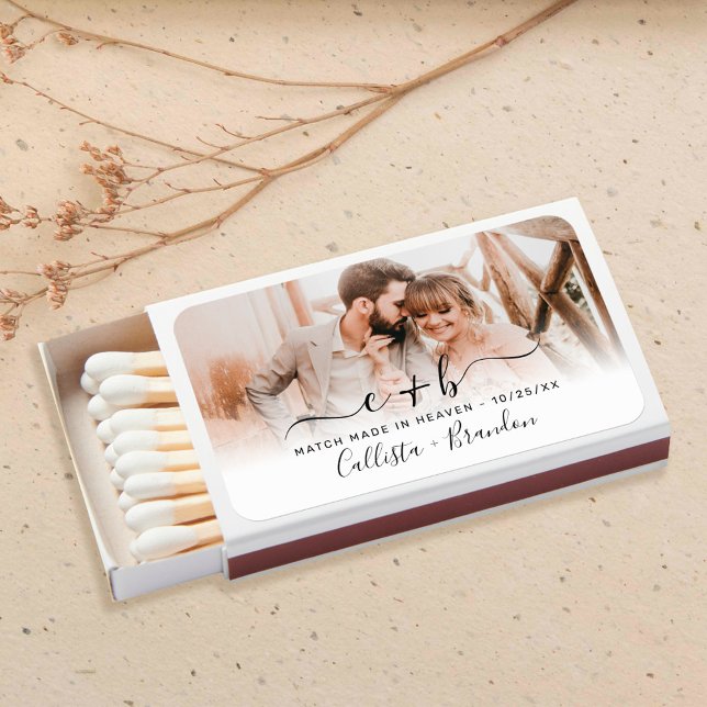 Elegant White Black Photo Monogram Wedding Matchboxes (Creator Uploaded)
