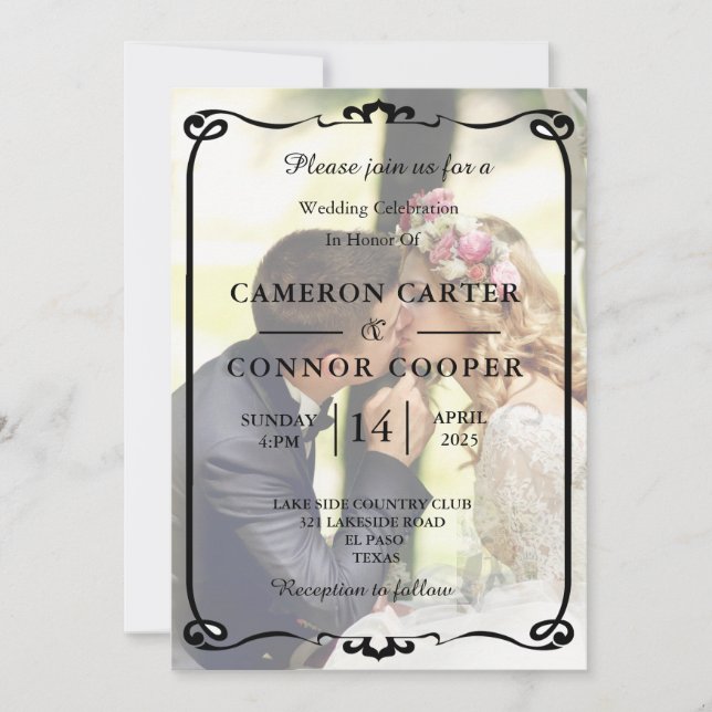 Elegant White & Black Photo Wedding Invitation (Front)