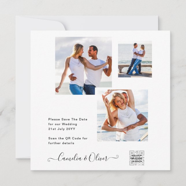 Elegant White & Black Photo Wedding Invitation QR  (Front)
