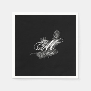 Elegant white black pine branch pine cone monogram napkins