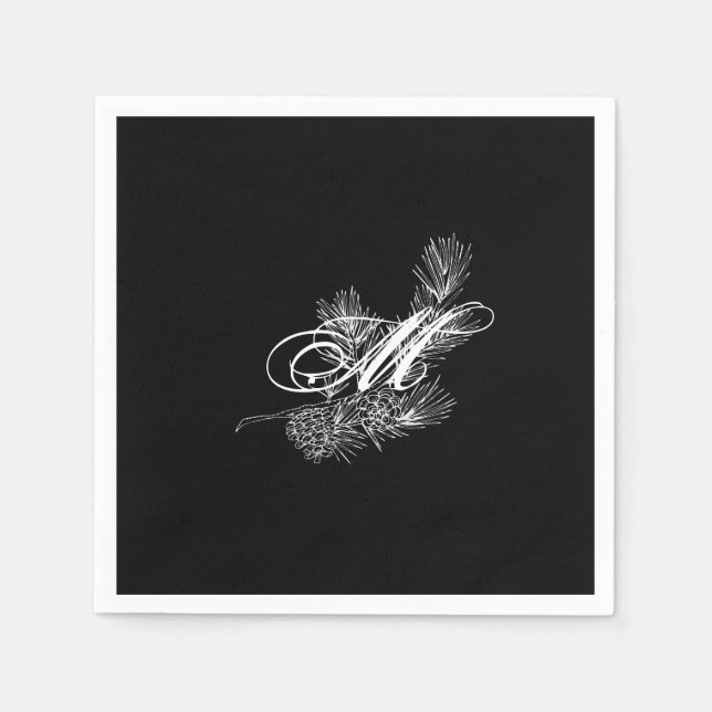 Elegant white black pine branch pine cone monogram napkins (Front)