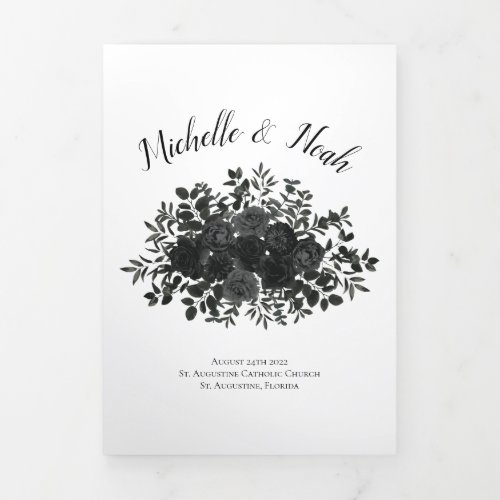 Elegant White Black Rose Gothic Wedding Tri_Fold Program