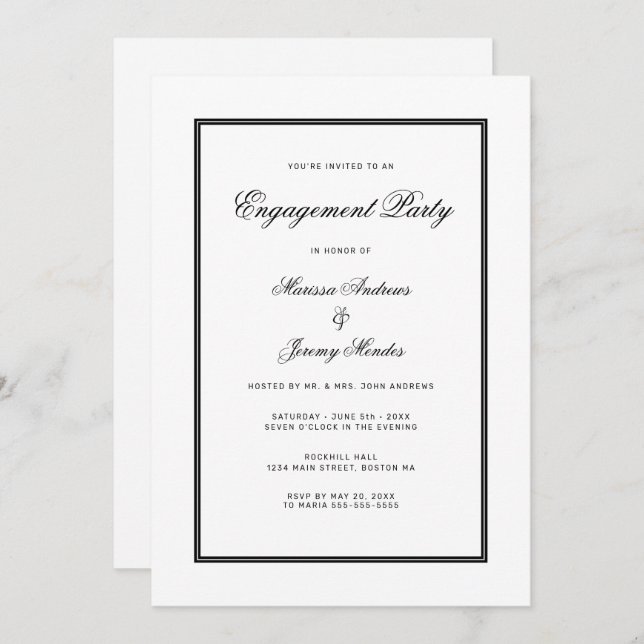 Elegant White Black Script Engagement Party Invitation (Front/Back)
